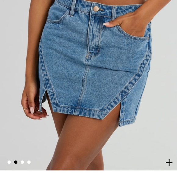 NWT S Small Denim Blue Women's mini Skirt high rise waist bodycon front slits - Picture 1 of 8